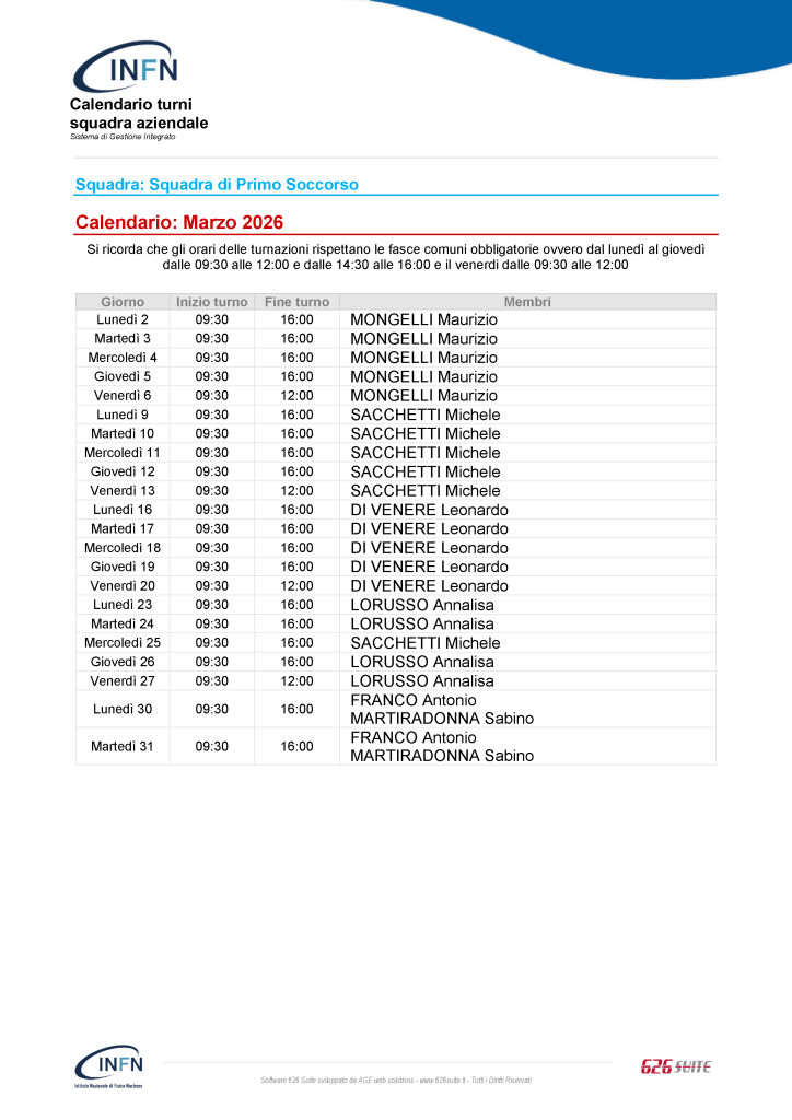 Calendario primo soccorso marzo 2026 n