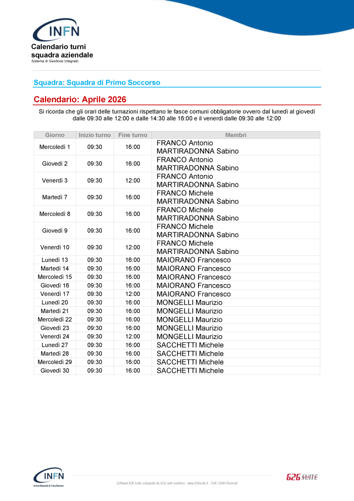 Calendario primo soccorso aprile 2026