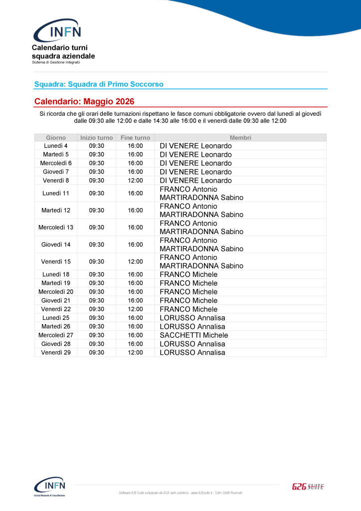 Calendario primo soccorso maggio 2026