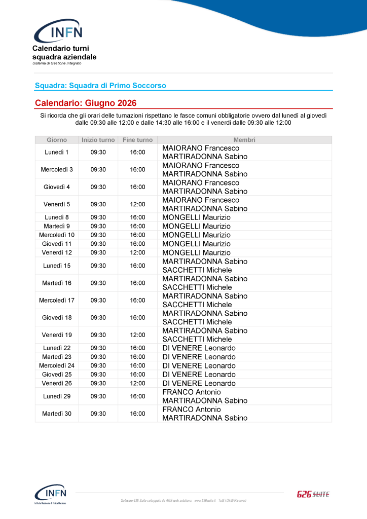 Calendario primo soccorso giugno 2026