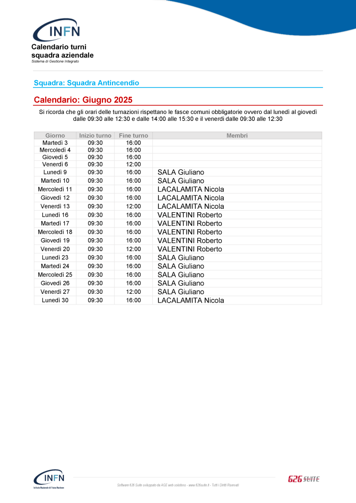 Calendario squadra antincendio Giugno 2025