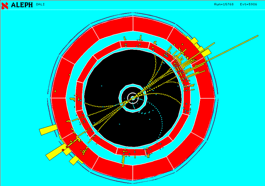 Un evento acquisito dall'apparato ALEPH. Sono ben visibili le tracce rivelate dalla TPC (zona scura) e piegate dal campo magnetico. La corona rossa più esterna rappresenta il calorimetro adronico e la linea nera ancora più esterna il secondo strato di camere per la rivelazione dei muoni. Le particelle, penetrando nel calorimetro adronico attivano i tubi streamer. Nel settore in basso a sinistra è visibile un muone che attraversa tutto il calorimetro adronico accendendo uno o due tubi vicini in ognuno dei 23 strati del calorimetro e nella camera per i muoni. Gli sciami adronici, invece, interessano solo i primi strati del calorimetro.