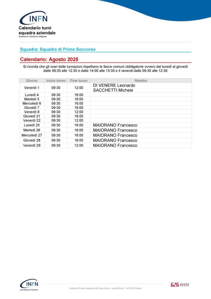 Calendario Squadra di Primo Soccorso agosto 2025